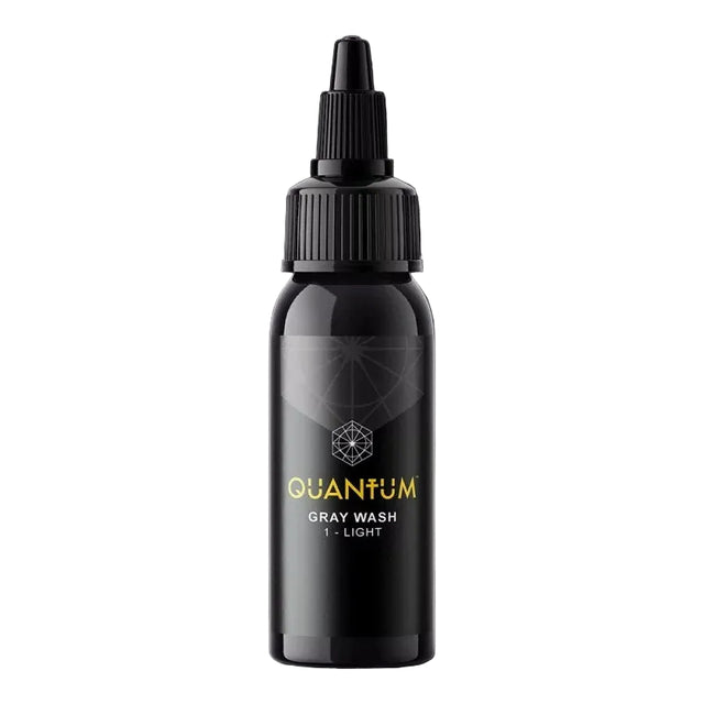 Quantum Tattoo Gray Wash Light Pigments 120ml bottle, showing the gray ink pigment for tattooing, with a focus on the product label.