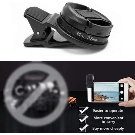 AVA Smartphone Tattoo Camera Lens 37mm CPL filter attached to a smartphone camera for enhanced photo quality and tattoo photography.
