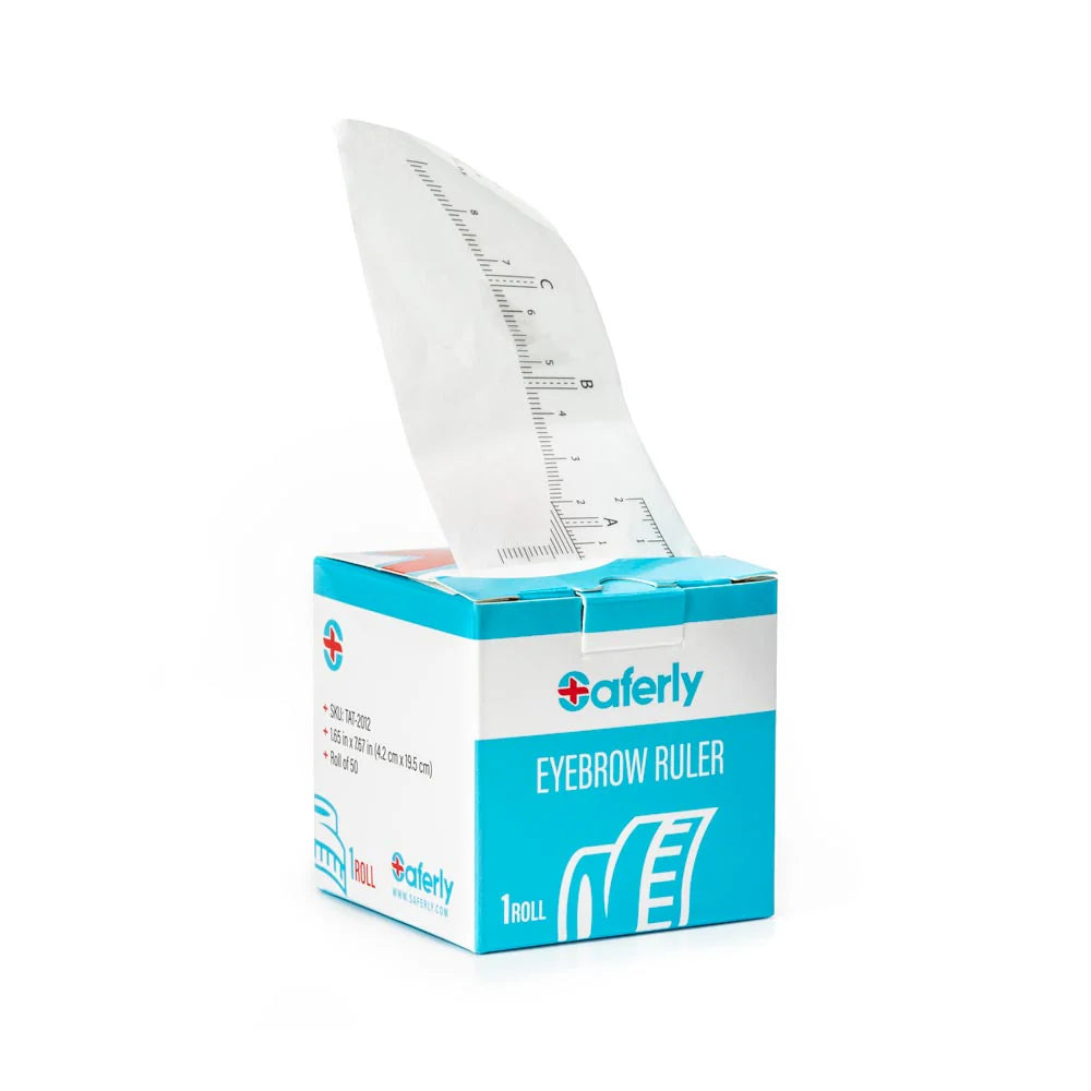 Saferly disposable eyebrow ruler stickers roll with 50 clear adhesive guides for precise eyebrow shaping and measurement.