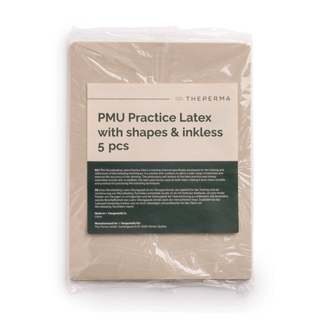 Set of five The Perma PMU Practising Skin sheets with printed brow shapes and outlines for tattoo practice.