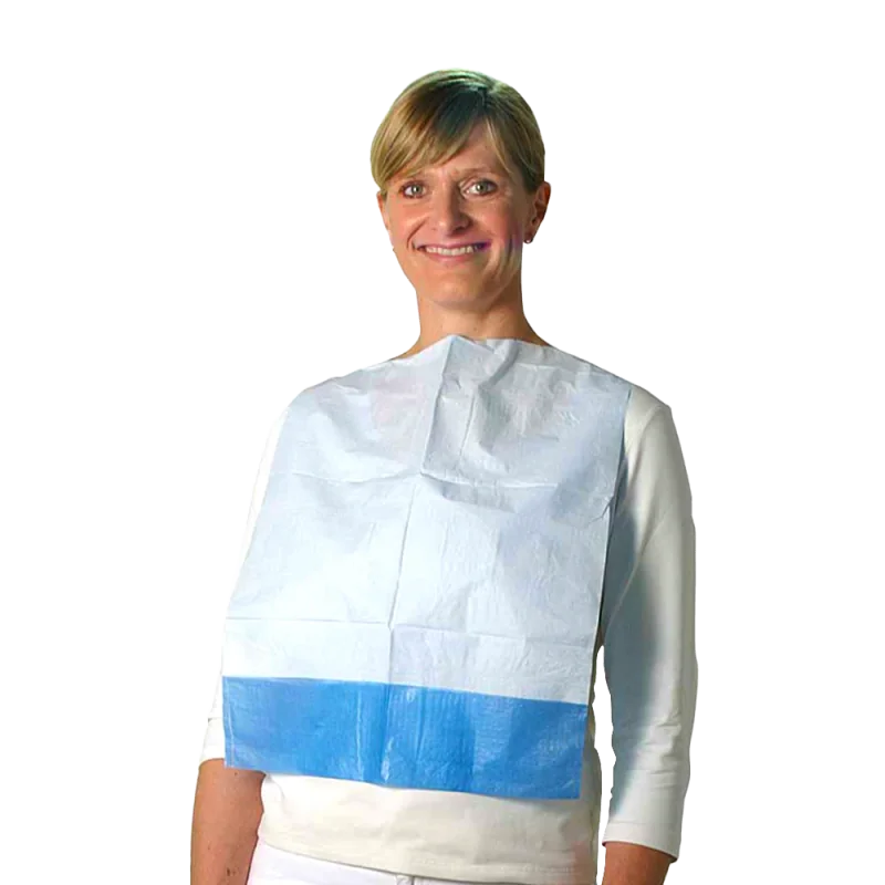 UNIGLOVES disposable bibs with blue PE pocket, 50-pack, featuring water-resistant material and adjustable neck for child feeding.