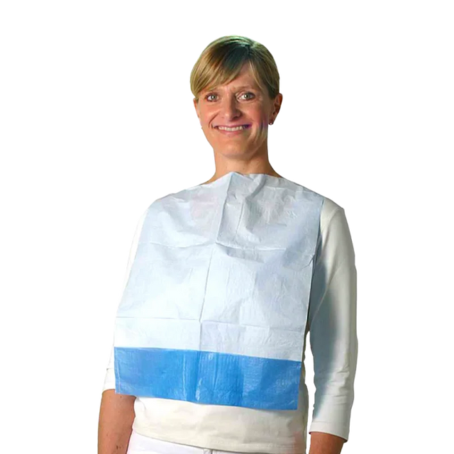 UNIGLOVES disposable bibs with blue PE pocket, 50-pack, featuring water-resistant material and adjustable neck for child feeding.